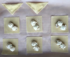 Won Ton wrappers filled with two teaspoons each.